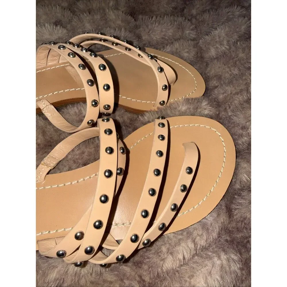TORY BURCH Patos Studded Sandal SZ 9M Ivory Women LTHR Slide Flat Shoe Beach